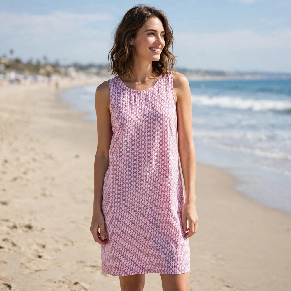 Tommy Bahama Pink White Geometric Linen Tencel Shift Dress Womens Medium